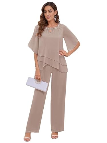 ZOOYYUE 2 Teile Hosenanzug Damen Festlich Elegant - Chiffon Kurzarm Mutter der Braut Hosenanzüge für Hochzeit Taupe 40 ZOOYYUE 2 Teile Hosenanzug Damen Festlich Elegant - Chiffon Kurzarm Mutter der Braut Hosenanzüge für Hochzeit Taupe 40 von ZOOYYUE