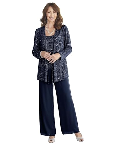 ZOOYYUE 3 Stück Mutter der Braut Hosenanzüge für Hochzeit Chiffon Pailletten Hosen Anzüge für Frauen Kleid mit Jacke Navy 46 von ZOOYYUE