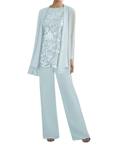 ZOOYYUE 3 Teilig Hosenanzug für Damen - Chiffon Spitzen Brautmutterkleider mit Jacke Langarm Festliche Hochzeit Hosen Set von ZOOYYUE