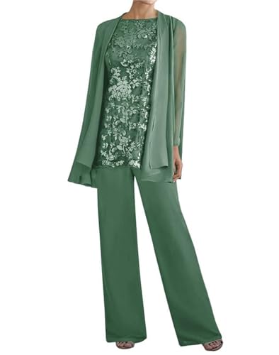 ZOOYYUE 3 Teilig Hosenanzug für Damen - Chiffon Spitzen Brautmutterkleider mit Jacke Langarm Festliche Hochzeit Hosen Set von ZOOYYUE