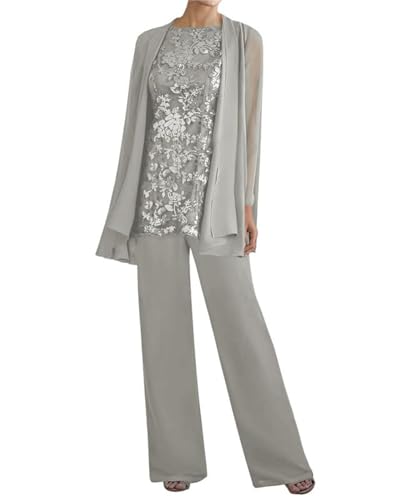 ZOOYYUE 3 Teilig Hosenanzug für Damen - Chiffon Spitzen Brautmutterkleider mit Jacke Langarm Festliche Hochzeit Hosen Set von ZOOYYUE