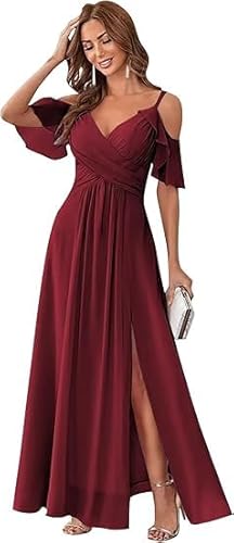 ZOOYYUE Abendkleid Damen,Damen Off Shoulder Brautjungfernkleider Spaghettiträger V-Ausschnitt Elegante Lang Abendkleider A-Linie Kleider Für Hochzeitsgäste Burgund 36 von ZOOYYUE