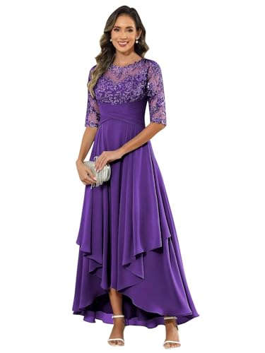 ZOOYYUE Abendkleid Große Größen,Damen Abendkleid Lang - Elegant Spitzen Brautmutterkleid Chiffon Formales Kleider Halbärmel Festliche Für Hochzeit Lila 54 von ZOOYYUE