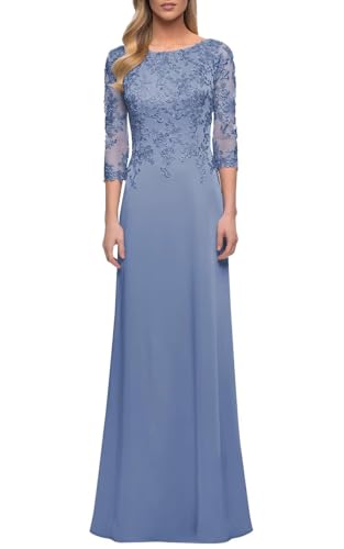 ZOOYYUE Abendkleid Große Größen,Damen Spitzenapplikationen Brautmutterkleider Lang - Elegant Formelle Abendkleider A-Linie Chiffon Mutter Der Braut Langarm Kleider Stahl Blau 36 von ZOOYYUE