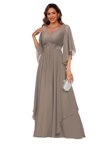 ZOOYYUE Abendkleid für Hochzeit Große Größen V-Ausschnitt Chiffonkleid für die Mutter der Braut Damen Spitzenapplikation Kleid für Hochzeitsgast mit 3/4-Ärmel von ZOOYYUE