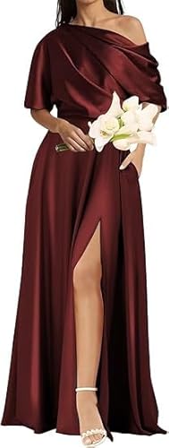 ZOOYYUE Abendkleider Damen Lang,Damen Eine Schulter Brautjungfernkleider Satin Formelle Abendkleider Mit Schlitz Mutter Ballkleider Abschlussball Party Kleid Dunkler Burgunder 48 von ZOOYYUE