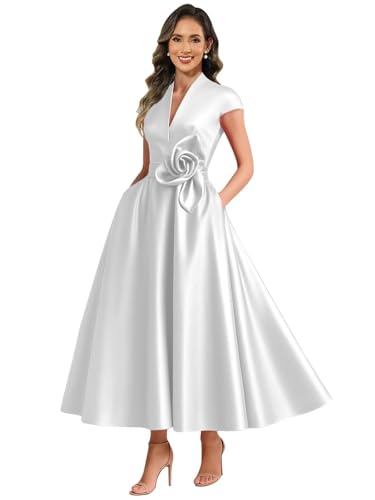 ZOOYYUE Abendkleider Elegant Für Hochzeit,Damen Satin Brautmutterkleider Lang V-Ausschnitt Ärmelloses A Line Formelles Abendkleid Für Hochzeitsgast Weiß 40 von ZOOYYUE