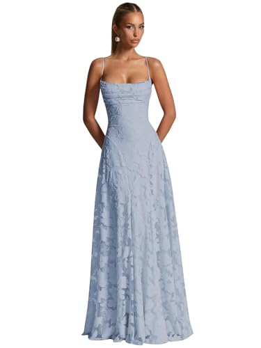 ZOOYYUE Abendkleider Große Größen,Damen Floral Spaghettiträgern Abendkleider Lang Formelle Brautjungfernkleider Ballkleider A Linie Für Hochzeit Staubig Blau 36 von ZOOYYUE