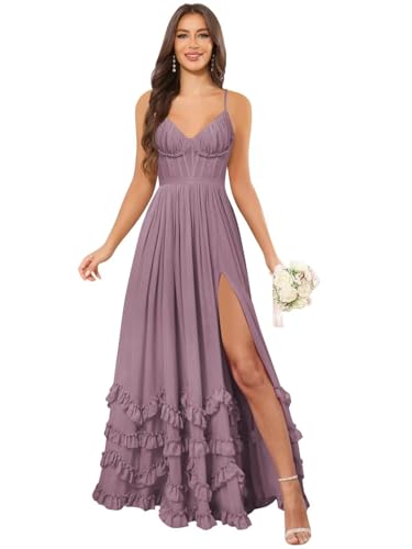 ZOOYYUE Abendkleider Lang,Damen Spaghetti Ruffle Brautjungfernkleider Lang V-Ausschnitt Abendkleider Festlich Elegant Für Hochzeit Maxi Korsett Kleid Wisteria 44 von ZOOYYUE