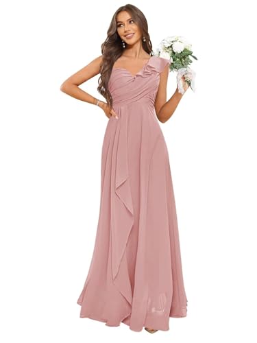 ZOOYYUE Abiballkleider,Damen Rüsche Eine Schulter Brautjungfernkleider Lang V-Ausschnitt Falten Abendkleider Elegant Für Hochzeit Chiffon Kleid Staubige Rose 38 von ZOOYYUE