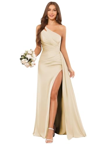ZOOYYUE Ballkleid,Eine Schulter Satin Brautjungfernkleider Lang - Damen Ballkleider Elegant Abendkleider Für Hochzeit Mit Schlitz Champagner 38 von ZOOYYUE
