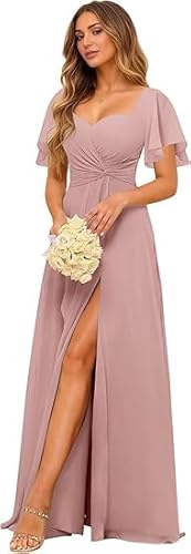 ZOOYYUE Ballkleider Damen,Damen Lang Abendkleider Elegant Für Hochzeit - Chiffon Formal A-Linie Brautjungfernkleider Flutterhülsen Ballkleid Mit Schlitz Erröten Rosa 42 von ZOOYYUE