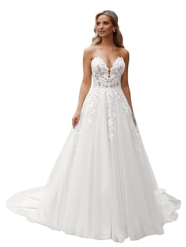 ZOOYYUE Boho Beach Brautkleider Prinzessin Spitze Schulterfrei Hochzeitskleider Tüll Lang Standesamt Brautkleid mit Schlitz Weiß 40 von ZOOYYUE