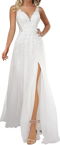 ZOOYYUE Boho Brautkleider V-Ausschnitt Spitze Hochzeitskleider Chiffon Lang Braut Standesamt Brautkleid Weiß 38 von ZOOYYUE