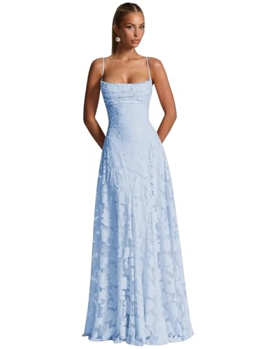 ZOOYYUE Brautjungfernkleider Lang,Damen Floral Spaghettiträgern Abendkleider Lang Formelle Brautjungfernkleider Ballkleider A Linie Für Hochzeit Hellblau 36 von ZOOYYUE