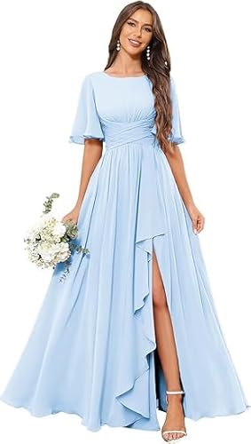 ZOOYYUE Brautjungfernkleider Lang Pastell Damen Elegante Brautjungfernkleid Chiffon Plissiert Hohe Taille Schlitz Lang Ärmel Formelles Abendkleid Hellblau 46 von ZOOYYUE