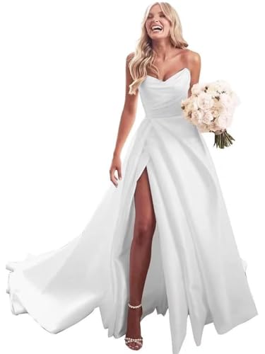 ZOOYYUE Brautkleid Standesamt Trägerlose Satin Hochzeitskleider Damen Lang A-Linie Brautkleider mit Schlitz Weiß 38 ZOOYYUE Brautkleid Standesamt Trägerlose Satin Hochzeitskleider Damen Lang A-Linie Brautkleider mit Schlitz Weiß 38 von ZOOYYUE