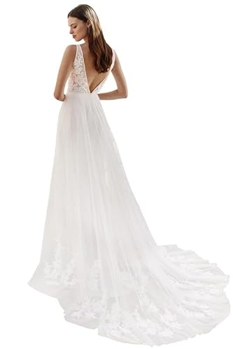 ZOOYYUE Brautkleider Boho Beach Hochzeitskleider V-Ausschnitt Spitze Braut Standesamtkleider mit Schleppe Elfenbein 34 von ZOOYYUE