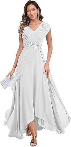 ZOOYYUE Brautmutterkleider,Damen Chiffon Brautmutterkleider Lang V-Ausschnitt Ärmelloses Glitzer Abendkleider A-Linie Festliche Kleider Weiß 42 von ZOOYYUE