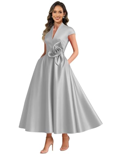 ZOOYYUE Brautmutterkleider Große Größen,Damen Satin Brautmutterkleider Lang V-Ausschnitt Ärmelloses A Line Formelles Abendkleid Für Hochzeitsgast Silber 44 von ZOOYYUE