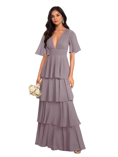 ZOOYYUE Damen Abendkleider Elegante Mehrlagige Chiffon Brautjungfernkleider mit Tiefem V-Ausschnitt Kurze Ärmel Festliche Kleider für Hochzeitsgäste von ZOOYYUE