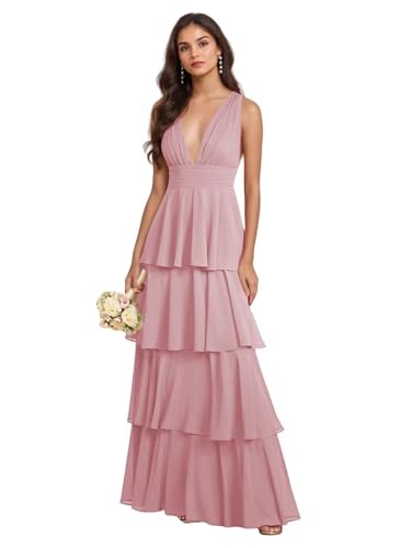ZOOYYUE Damen Abendkleider Elegante Mehrlagige Chiffon Brautjungfernkleider mit Tiefem V-Ausschnitt Lang Festliche Kleider für Hochzeitsgäste von ZOOYYUE