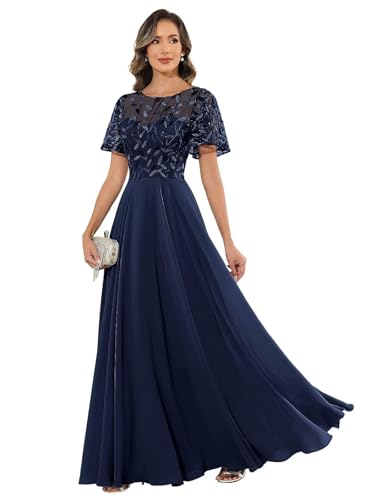 ZOOYYUE Damen Pailletten Spitze Brautmutterkleider für Hochzeit Kurze Ärmel Abendkleider mit Taschen Chiffon Lang Hochzeitgast Kleid von ZOOYYUE
