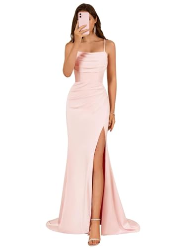 ZOOYYUE Damen Spaghettiträger Satin Brautjungfernkleider Lange Elegant Ballkleider A-Linie Formelles Abendkleider mit Schlitz von ZOOYYUE