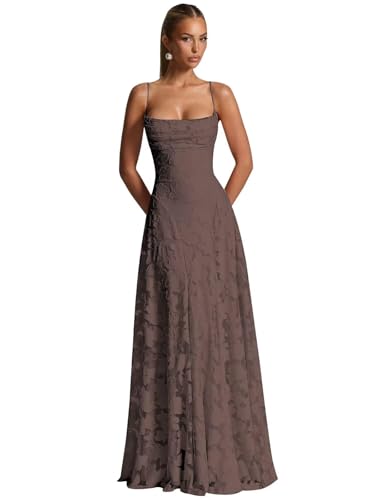 ZOOYYUE Elegante Kleider Damen,Damen Floral Spaghettiträgern Abendkleider Lang Formelle Brautjungfernkleider Ballkleider A Linie Für Hochzeit Schokolade 36 von ZOOYYUE
