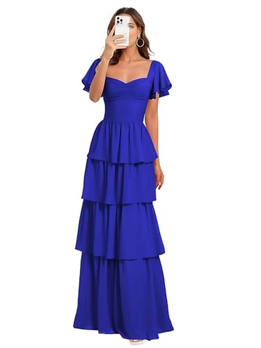 ZOOYYUE Elegantes Abendkleider mit Kurzarm Gestufter Rüschen Brautjungfernkleider Gerüscht Chiffon A-Linie Formelles Kleid für Hochzeitsgäste von ZOOYYUE