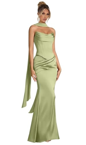 ZOOYYUE Festliche Kleider Für Hochzeit,Damen Meerjungfrau Satin Abendkleider Elegant Für Hochzeit Falten Brautjungfernkleider Lang Ballkleider Mit Schal Salbei Grün 36 von ZOOYYUE