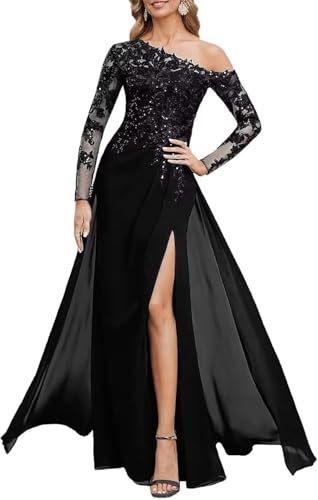 ZOOYYUE Festliche Kleider für Hochzeit,Damen Chiffon Pailletten Brautmutterkleider Lang - Langarm Abendkleider Spitze Mutter Der Brautkleider Mit Schlitz Schwarz 48 von ZOOYYUE