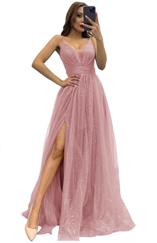 ZOOYYUE Glitzer Tüll Abendkleider Lang Damen A-Linie Formelles Partykleid Spaghetti-Träger Hochzeit Ballkleider mit Schlitz von ZOOYYUE
