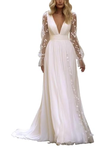 ZOOYYUE Hochzeitskleid,Damen Boho Beach Brautkleider Langarm Spitze Braut Hochzeitskleider Chiffon V-Ausschnitt Standesamt Brautkleid Weiß 48 von ZOOYYUE
