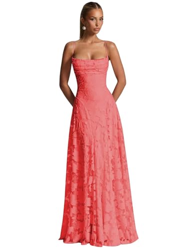 ZOOYYUE Hochzeitskleider,Damen Floral Spaghettiträgern Abendkleider Lang Formelle Brautjungfernkleider Ballkleider A Linie Für Hochzeit Koralle 44 von ZOOYYUE