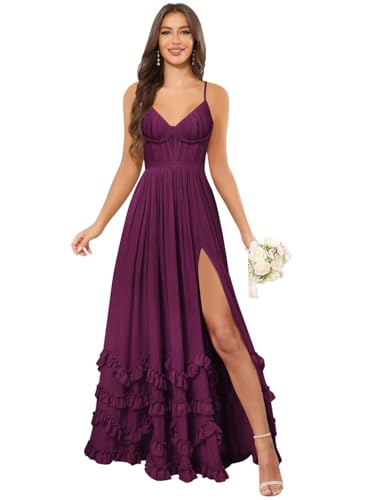 ZOOYYUE Hochzeitskleider,Damen Spaghetti Ruffle Brautjungfernkleider Lang V-Ausschnitt Abendkleider Festlich Elegant Für Hochzeit Maxi Korsett Kleid Pflaume 46 von ZOOYYUE
