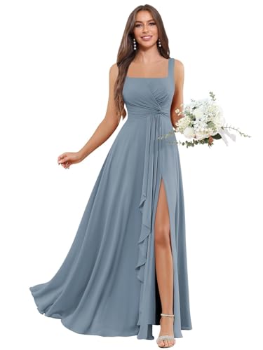 ZOOYYUE Kleid Damen Elegant,Damen Brautjungfernkleider Lang - Quadratausschnitt Abendkleider Festlich Elegant Für Hochzeit A Line Plissiert Kleid Mit Taschen Staubiges Blau 38 von ZOOYYUE