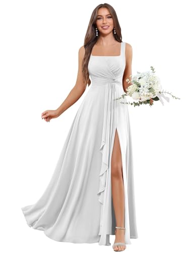 ZOOYYUE Kleid Damen Elegant,Damen Brautjungfernkleider Lang - Quadratausschnitt Abendkleider Festlich Elegant Für Hochzeit A Line Plissiert Kleid Mit Taschen Weiß 42 von ZOOYYUE