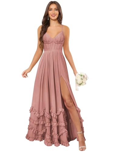 ZOOYYUE Kleid Damen Elegant,Damen Spaghetti Ruffle Brautjungfernkleider Lang V-Ausschnitt Abendkleider Festlich Elegant Für Hochzeit Maxi Korsett Kleid Staubige Rose 36 von ZOOYYUE
