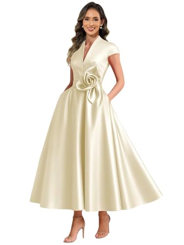 ZOOYYUE Kleid Damen Große Größen,Damen Satin Brautmutterkleider Lang V-Ausschnitt Ärmelloses A Line Formelles Abendkleid Für Hochzeitsgast Sekt 40 von ZOOYYUE