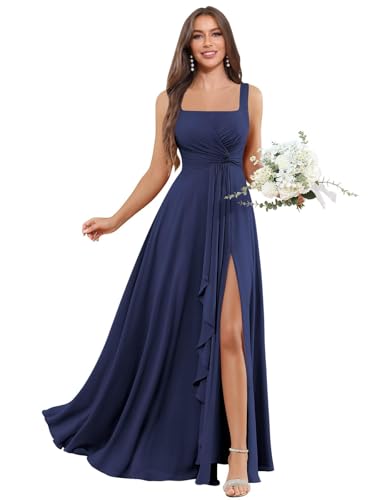 ZOOYYUE Kleid Hochzeitsgast,Damen Brautjungfernkleider Lang - Quadratausschnitt Abendkleider Festlich Elegant Für Hochzeit A Line Plissiert Kleid Mit Taschen Marineblau 42 von ZOOYYUE