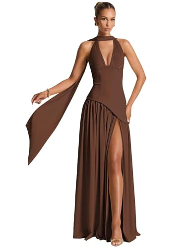 ZOOYYUE Kleid Hochzeitsgast,Damen Lange Abendkleider - Schal Chiffon Spaghetti V-Ausschnitt Brautjungfernkleider Mit Schlitz Braun 40 von ZOOYYUE