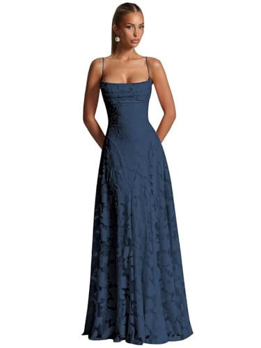 ZOOYYUE Kleid Hochzeitsgast Damen,Damen Floral Spaghettiträgern Abendkleider Lang Formelle Brautjungfernkleider Ballkleider A Linie Für Hochzeit Marineblau 34 von ZOOYYUE