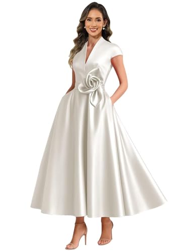 ZOOYYUE Kleider Große Größen Festlich,Damen Satin Brautmutterkleider Lang V-Ausschnitt Ärmelloses A Line Formelles Abendkleid Für Hochzeitsgast Elfenbein 48 von ZOOYYUE