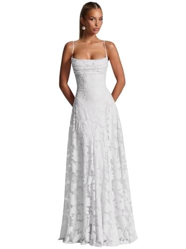 ZOOYYUE Lange Kleider Für Hochzeit,Damen Floral Spaghettiträgern Abendkleider Lang Formelle Brautjungfernkleider Ballkleider A Linie Für Hochzeit Weiß 36 von ZOOYYUE