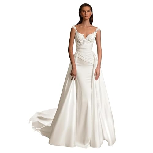 ZOOYYUE Meerjungfrau Satin Brautkleider Spaghetti-Träger Spitze Hochzeitskleider V Ausschnitt Brautmode Standesamt Brautkleid mit Schleppe Elfenbein 38 von ZOOYYUE