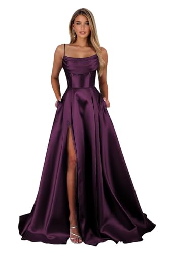 ZOOYYUE Satin Ballkleider Damen Lang Spaghettiträger Abendkleider Perlen Cowl Neck Brautjungfernkleider mit Taschen von ZOOYYUE