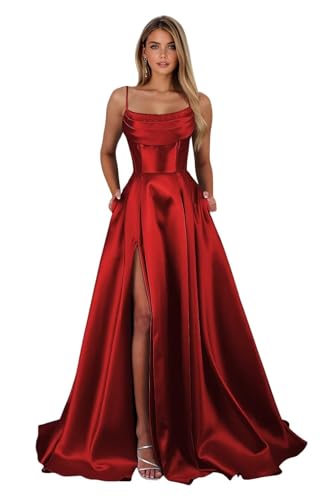 ZOOYYUE Satin Ballkleider Damen Lang Spaghettiträger Abendkleider Perlen Cowl Neck Brautjungfernkleider mit Taschen von ZOOYYUE