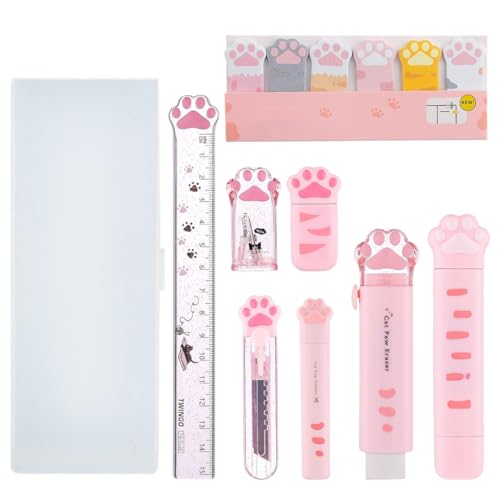 9 teiliges Schreibwaren Set Enthalten,Cartoon Kawaii Bleistiftspitzer einziehbarer Radiergummi Korrekturband Haftnotizen Lineal Mini Schere Allzweckschneider (Rosa) von ZOPBA