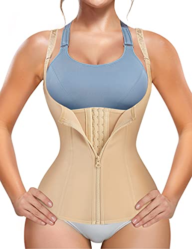 ZOPEUSI Damen Taillentrainer Korsett Bauchkontrolle Reißverschluss Weste Workout Body Shaper Cincher Tank Top mit Trägern, Beige, Large von ZOPEUSI